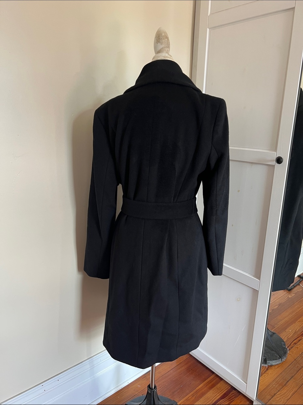 Cole Haan Signature Black Wool Blend Belted Wrap Coat Shawl Collar Size 12 - Picture 4 of 10